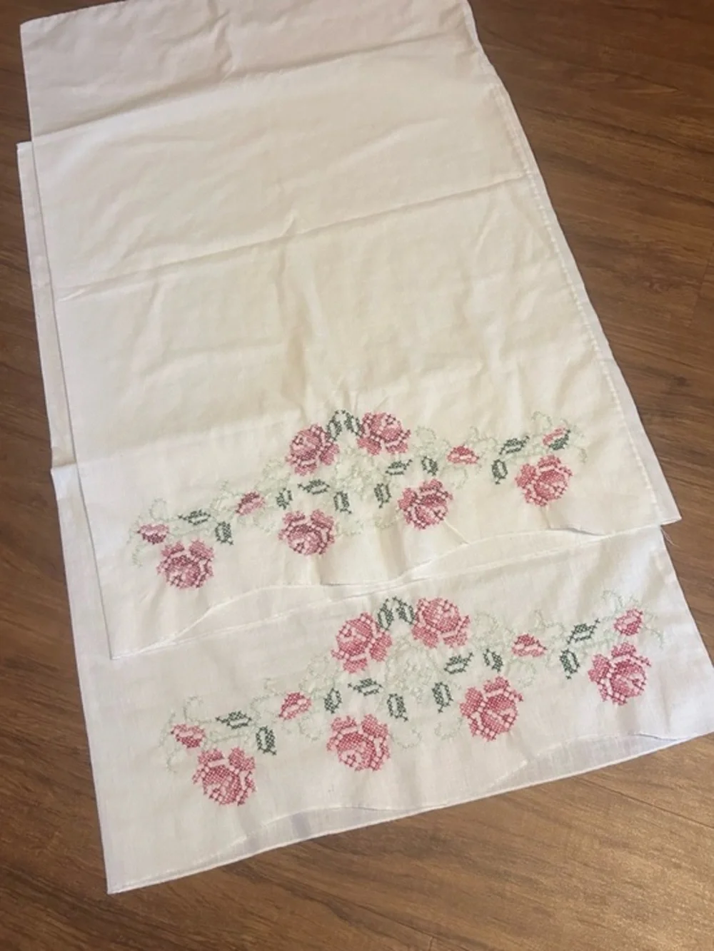 Vintage White Pillowcases with Pink Rose Embroidery